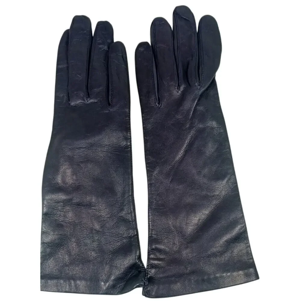 Vintage Made in Italy Dark Blue Leather Gloves with 100% Silk Lining, Size 7